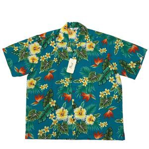 Alvish Shirt Men XXL 2XL Green Island Floral Hawaiian Lightweight Short Sleeve